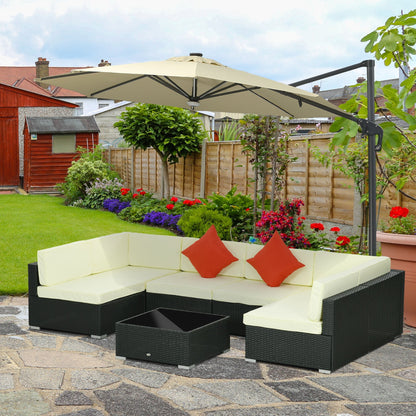 Outsunny 7 Pieces PE Rattan Patio Garden Furniture Corner Sofa Set With Thick Padded Cushion, Glass Coffee Table And Pillows - Black