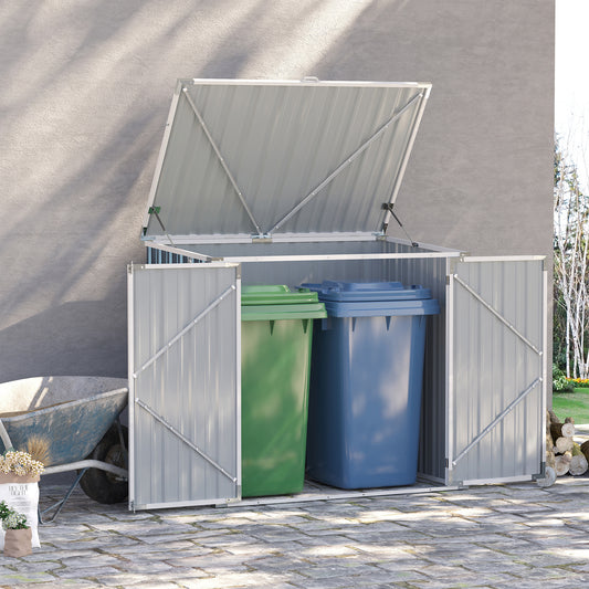 Outsunny 5ft x 3ft Garden 2-Bin Steel Storage Shed, podwójny schowek na śmieci, ukryty kosz na śmieci z zamykanymi drzwiami i otwieraną pokrywą