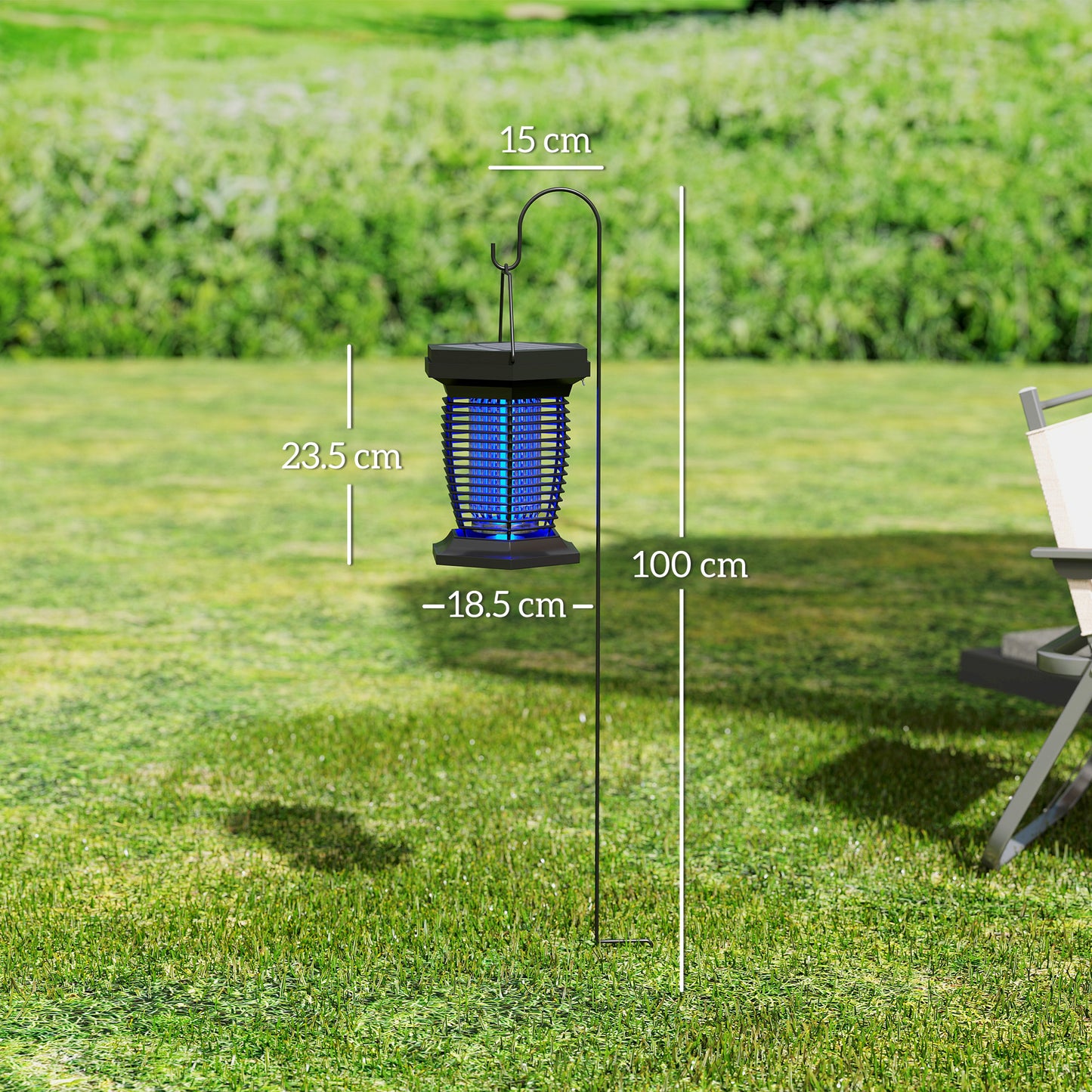 Elektryczna pułapka na muchy Outsunny 2 w 1 z lampą UVA, wisząca lampa ogrodowa, solarna i ładowana przez USB-DC, pułapka na owady i komary, do użytku wewnątrz i na zewnątrz, czarna