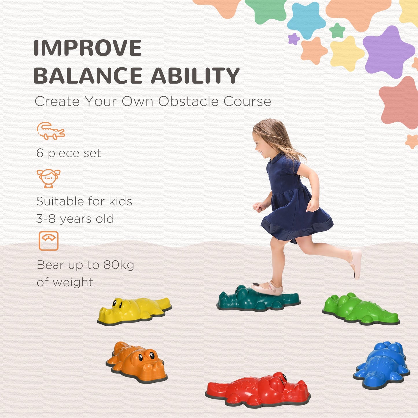 ZONEKIZ 6 Piece Kids Stepping Stones, Crocodile-Designed Sensory Toys, with Anti-Slip Edge Balance River Stones