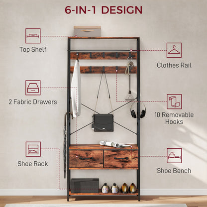 HOMCOM 6-in-1 Industrial-Style Hallway Organiser - Brown/Black