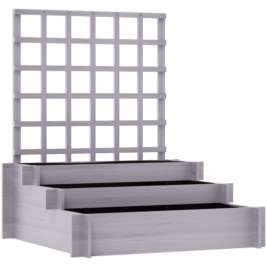 Outsunny 3 Tier Garden Planters with Trellis for Vine Climbing, Wooden Raised Beds, 95x95x110cm, Grey