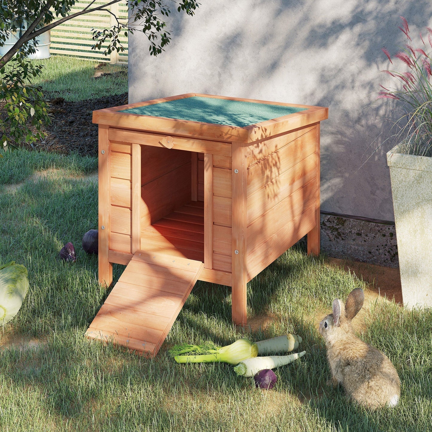 PawHut Wooden Rabbit Hutch Outdoor, Guinea Pig Hutch, Rabbit Hideaway, Cat House, Bunny Cage Small Animal House 51 x 42 x 43 cm, Natural