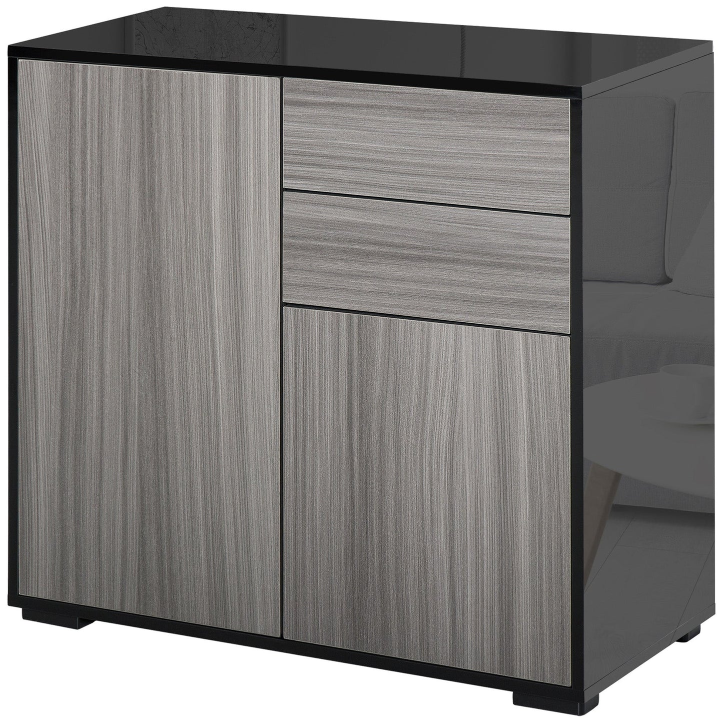 HOMCOM High Gloss Frame Sideboard, Push-Open Design with 2 Drawer for Living Room, Bedroom, 74H x 79W x 36Dcm, Light Grey and Black