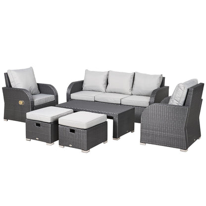 Outsunny 7-Seater Rattan Garden Furniture w/ Coffee Table Footstool Space-saving Patio Wicker Weave Reclining Chair Set, Light Grey