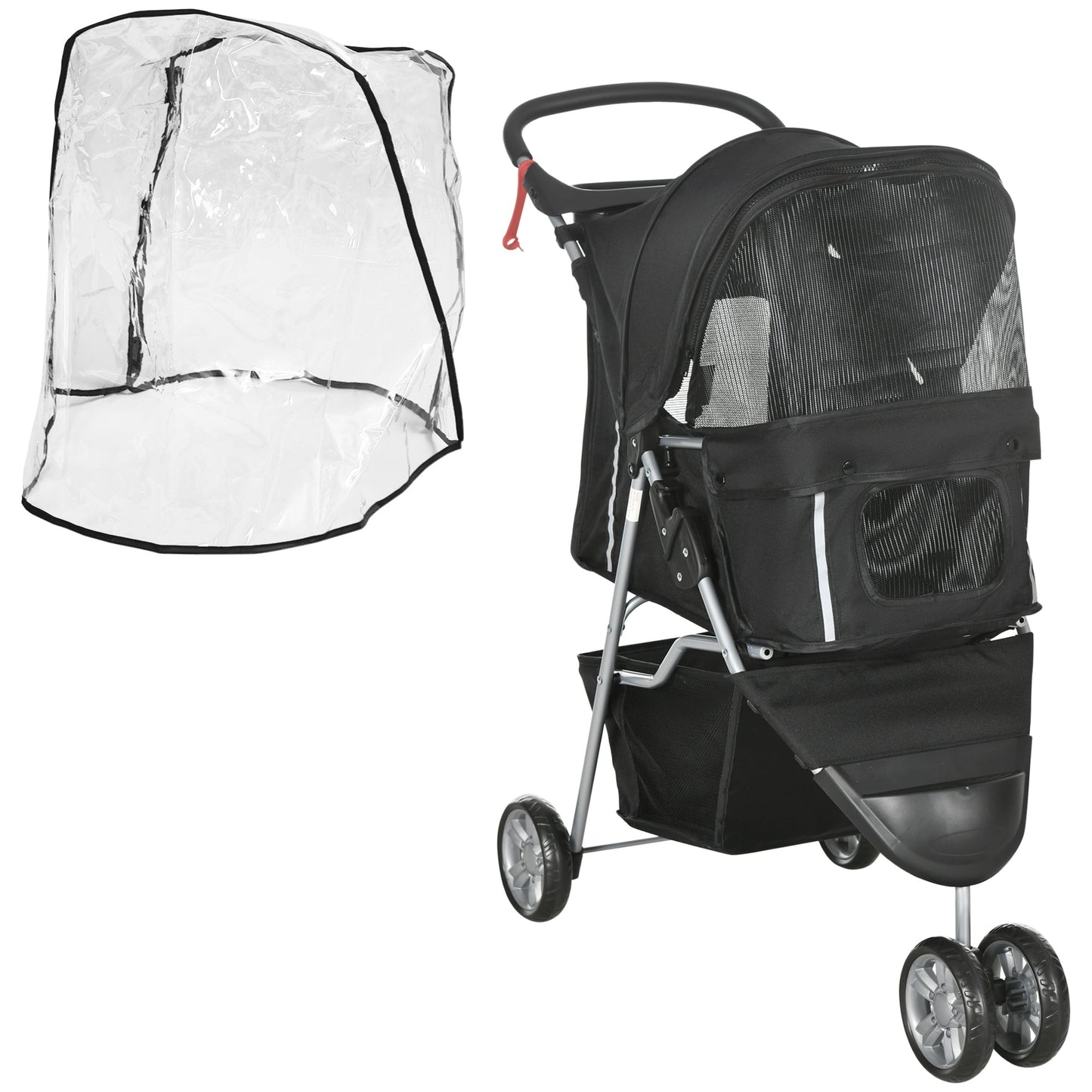 عربة أطفال PawHut Pet Travel Stroller مع غطاء للمطر، وعربة أطفال قابلة للطي بثلاث عجلات للقطط والكلاب مع سلة تخزين وحامل أكواب للكلاب الصغيرة (أسود)