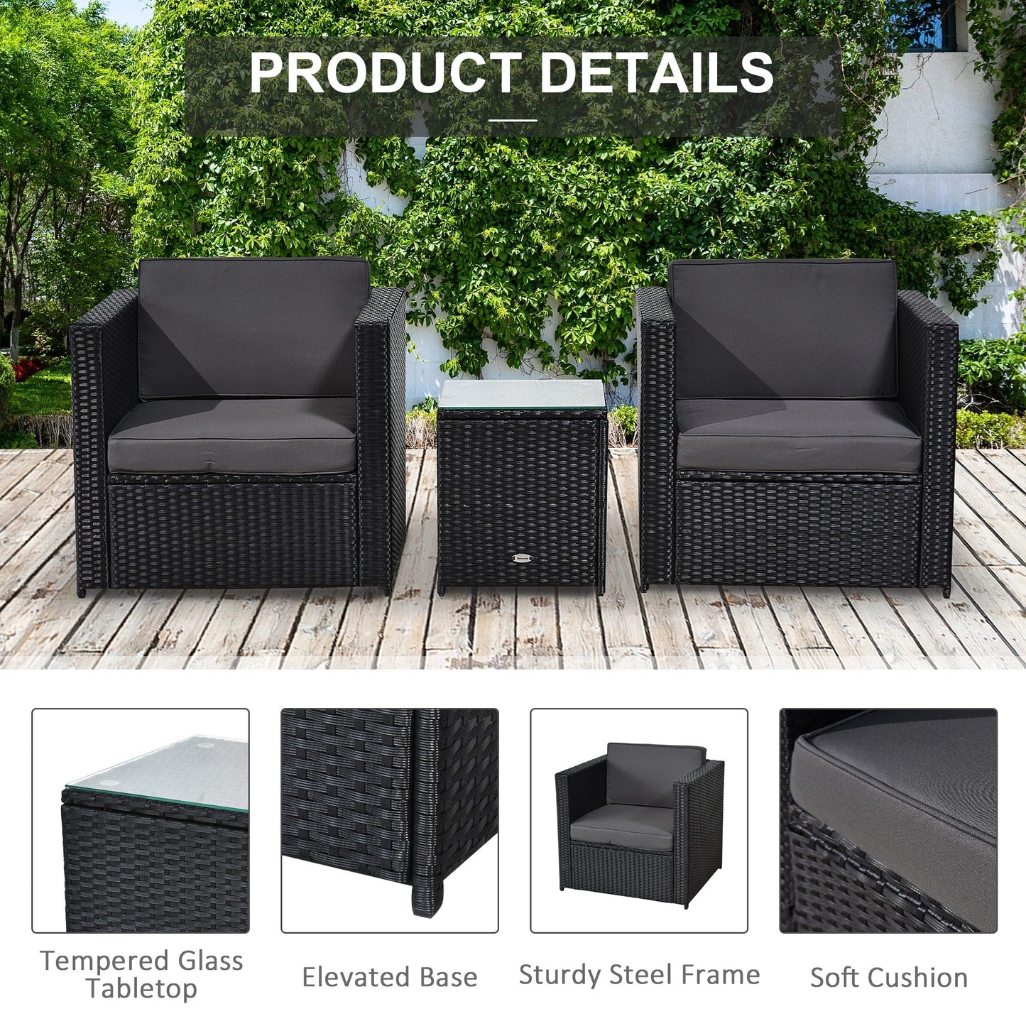 Outsunny 3 Piece PE Rattan Garden Furniture Patio Bistro Set Weave Conservatory Sofa Table and Chairs Set Black