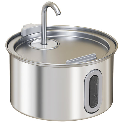 PawHut 2.5L Stainless Steel Cat Water Fountain for Drinking with Ultra-Silent Pump, Water-Level Window, Filters