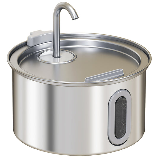 PawHut 2.5L Stainless Steel Cat Water Fountain for Drinking with Ultra-Silent Pump, Water-Level Window, Filters