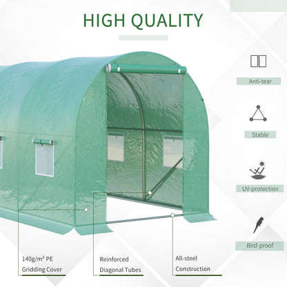 Tunel foliowy Outsunny 4 x 2 x 2 m z drzwiami zwijanymi i 6 oknami z siatki, namiot ogrodowy typu walk-in z osłoną z polietylenu odporną na promieniowanie UV i ocynkowaną stalową ramą, zielony