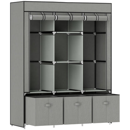 HOMCOM Fabric Wardrobe for Bedroom, Portable Wardrobe with 5 Shelves, 2 Hanging Rails and 3 Fabric Drawers, Foldable Closet, 125 x 43 x 162.5cm, Light Grey