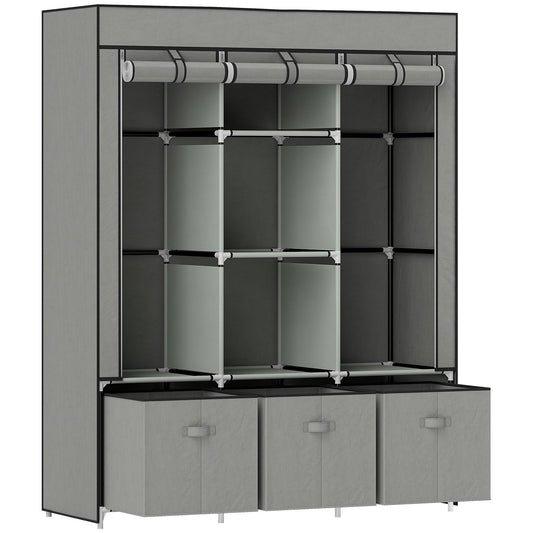 HOMCOM Fabric Wardrobe for Bedroom, Portable Wardrobe with 5 Shelves, 2 Hanging Rails and 3 Fabric Drawers, Foldable Closet, 125 x 43 x 162.5cm, Light Grey