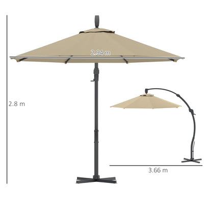 Outsunny 3(m) Parasol ogrodowy z wysięgnikiem, okrągły parasol z korbką, podstawą krzyżową, aluminiową ramą i obrotem 360√Ç¬∞, parasol tarasowy typu banan do ochrony przed słońcem na zewnątrz, khaki