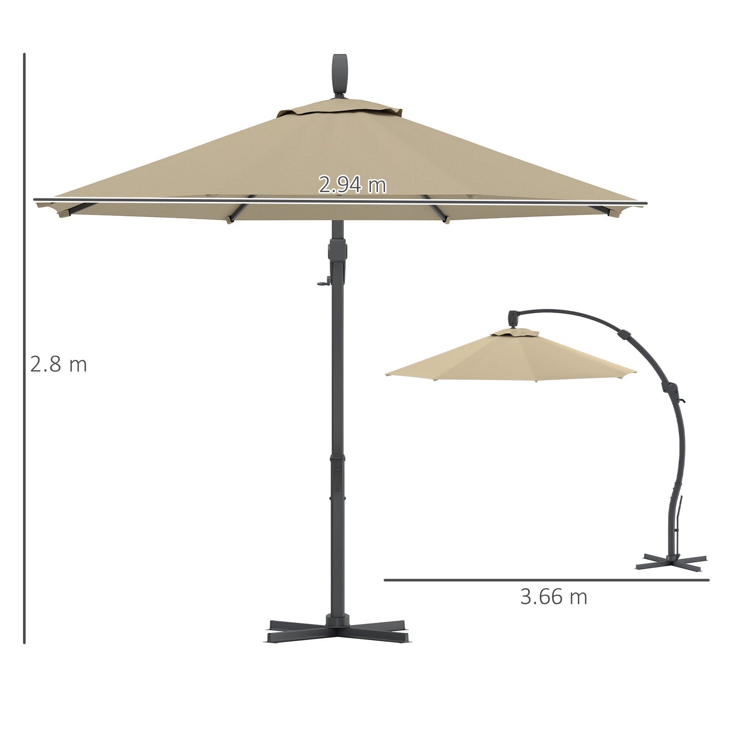 Outsunny 3(m) Garden Cantilever Parasol, Round Overhanging Umbrella with Crank Handle, Cross Base, Aluminium Frame and 360 Rotation, Banana Patio Umbrella for Outdoor Sun Shade, Khaki