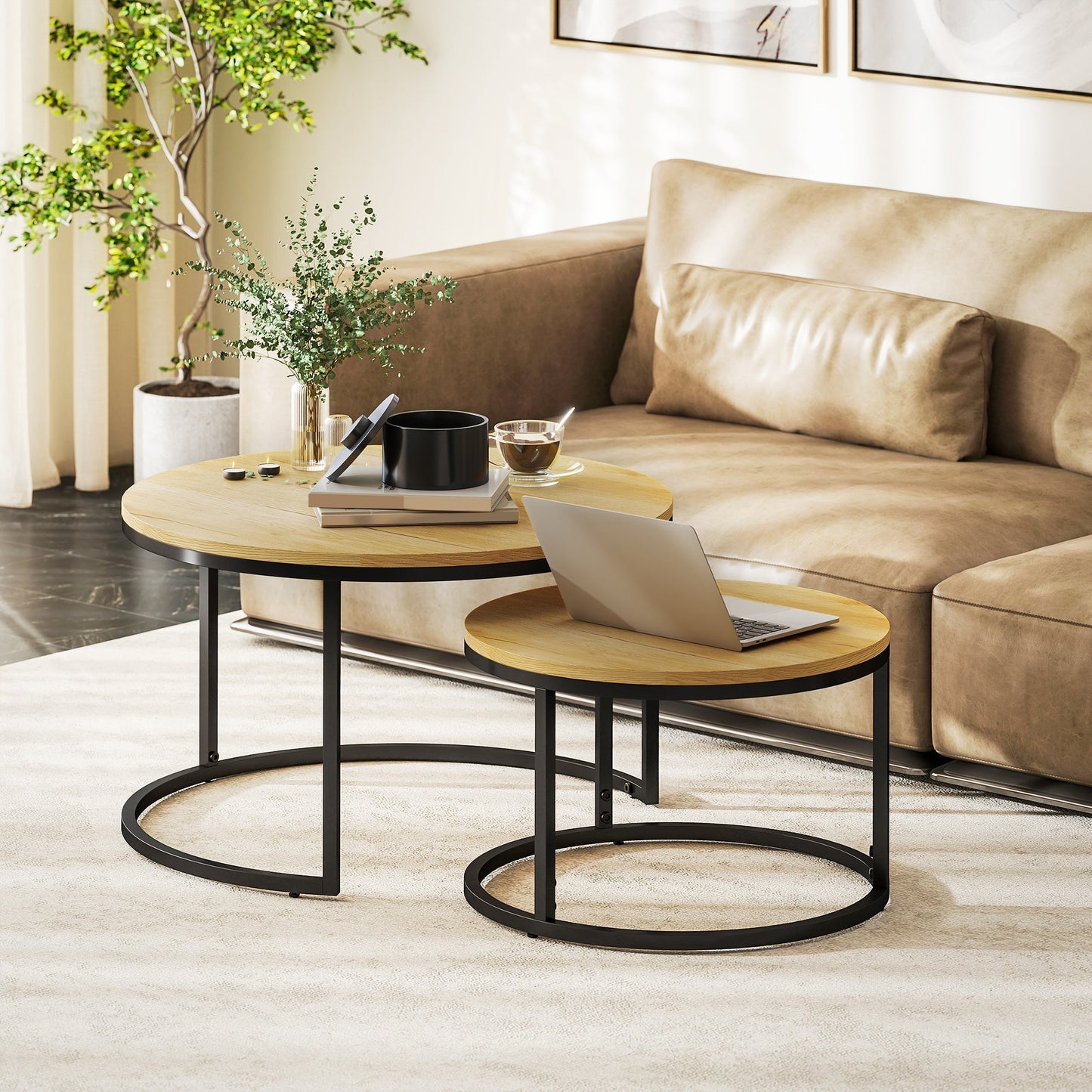 HOMCOM Set of Two Wood-Effect Stacking Tables - Natural