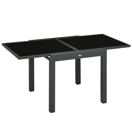 Outsunny Rozkładany Stół Ogrodowy, Stół Jadalny Do Użytku Na Zewnątrz Z Aluminiową Ramą I Blatem Ze Szkła Hartowanego, 80/160 x 80 x 75 cm, Czarny