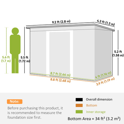 حظيرة حديقة معدنية من Outsunny مقاس 9 أقدام × 4 أقدام، منزل أدوات خارجي مع مجموعة أساس، فتحات تهوية وأبواب مزدوجة، حبيبات خشبية رمادية فاتحة