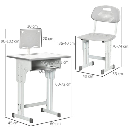 HOMCOM Kids Adjustable Desk and Chair Set, Book Stand, Pen Slot - Grey