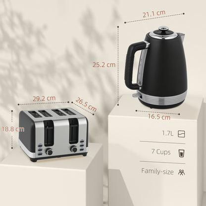 HOMCOM Stainless Steel Kettle and Toaster Set, 1.7L 3000W Rapid Boil Jug Kettle with UK Strix Thermostat, Limescale Filter, 4 Slice Toaster with 7 Browning Controls, Crumb Tray, Black and Silver Tone