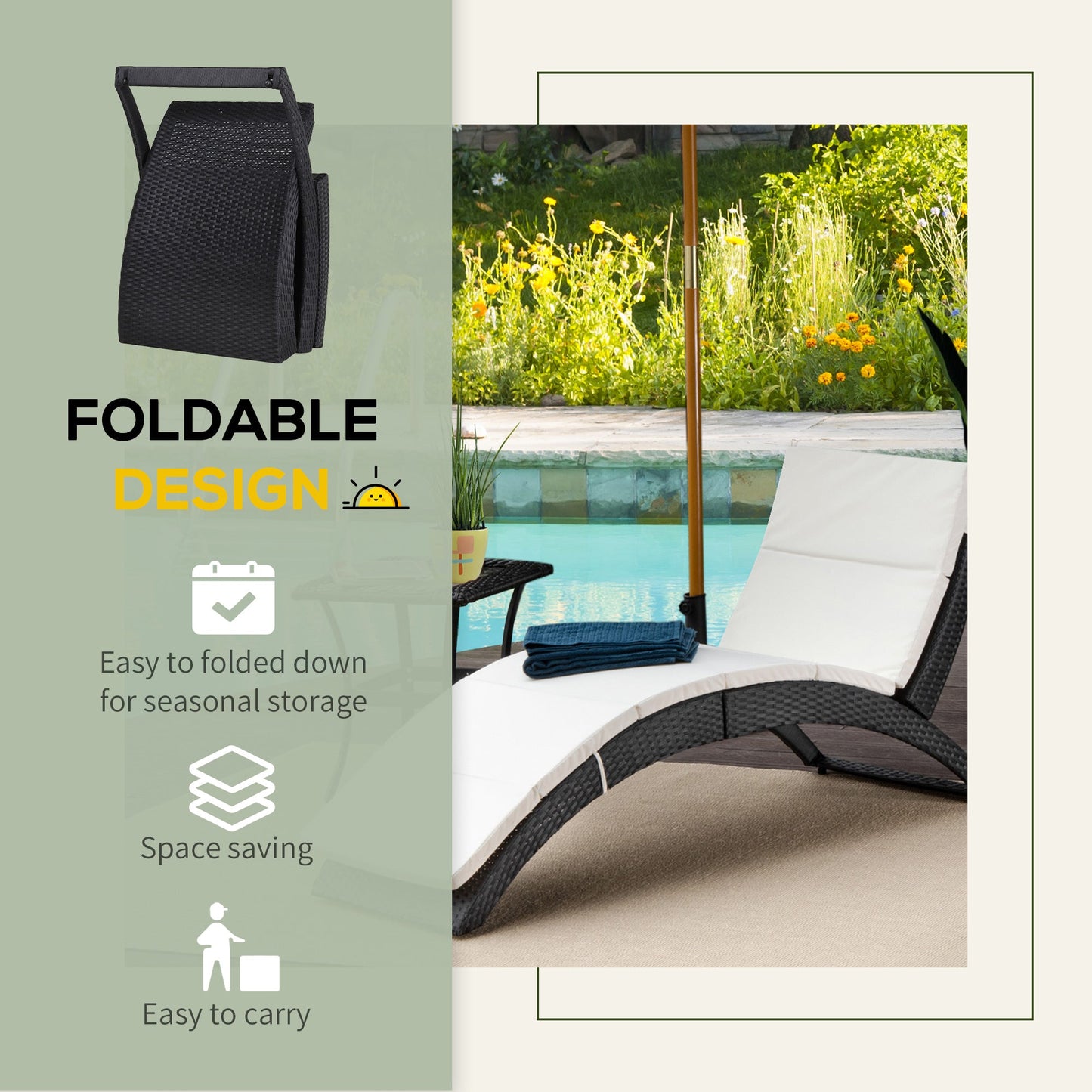 Outsunny Outdoor składany PE Rattan leżak z miękką wyściółką, ergonomiczny zakrzywiony design leżaka na balkon, do ogrodu, czarny