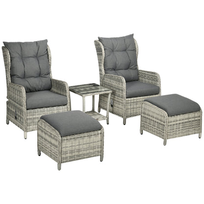 Outsunny 5 Pieces PE Rattan Garden Furniture, Outdoor Half-round Wicker Recliner Sofa Bed with Glass Top Two-tier Table and Footstools, Ready to Use, Mixed Grey