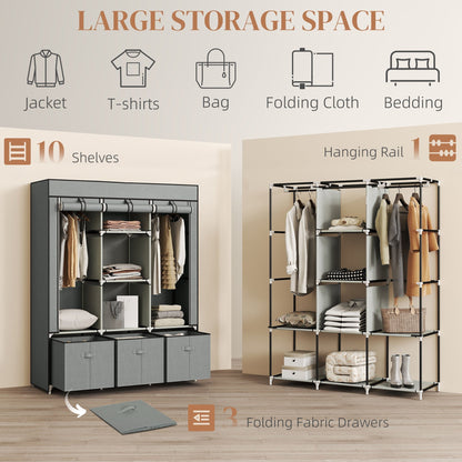 HOMCOM Fabric Wardrobe for Bedroom, Portable Wardrobe with 5 Shelves, 2 Hanging Rails and 3 Fabric Drawers, Foldable Closet, 125 x 43 x 162.5cm, Light Grey