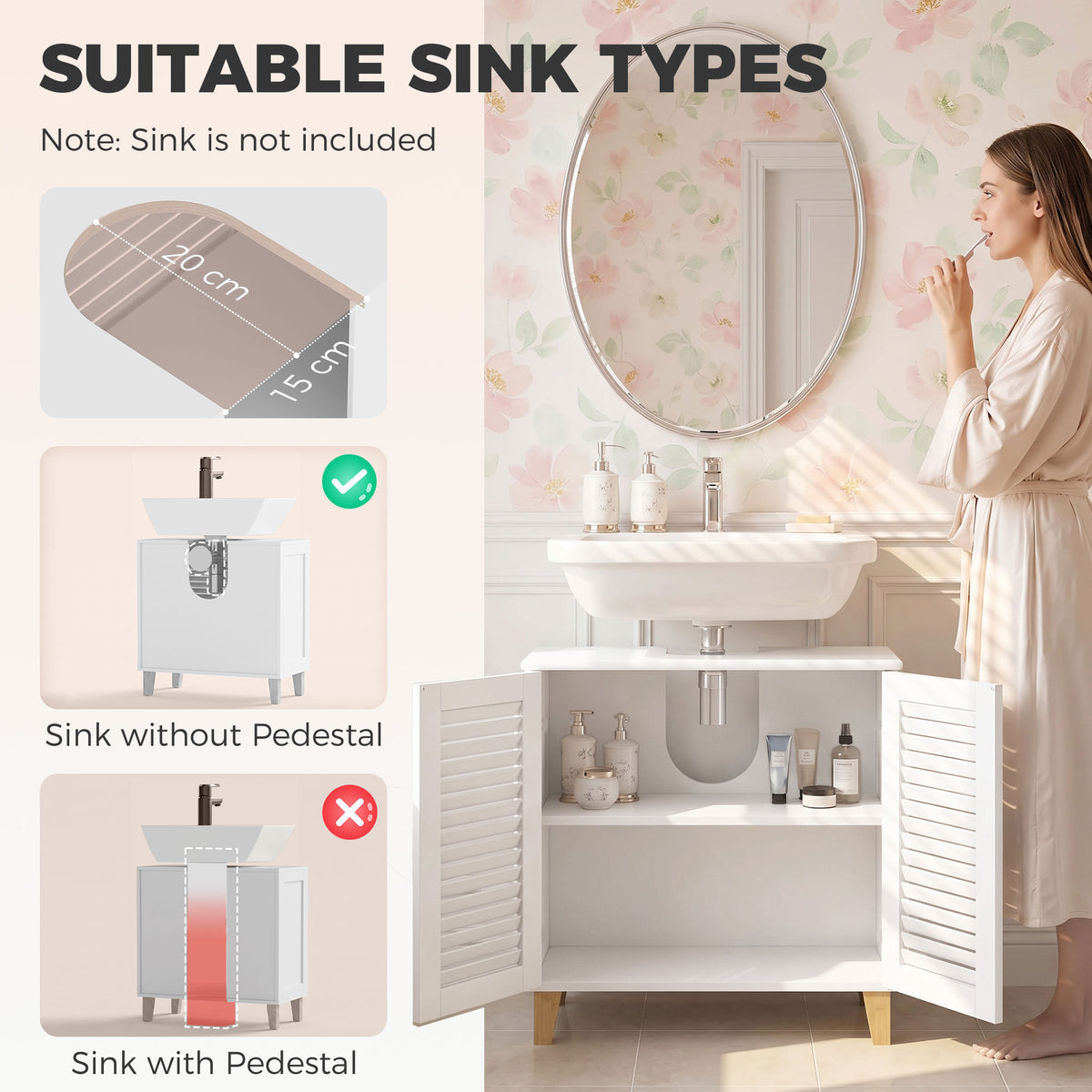 HOMCOM Under Sink Bathroom Cabinet Adjustable Shelf Under Sink Cabinet 2 Louvered Doors, White