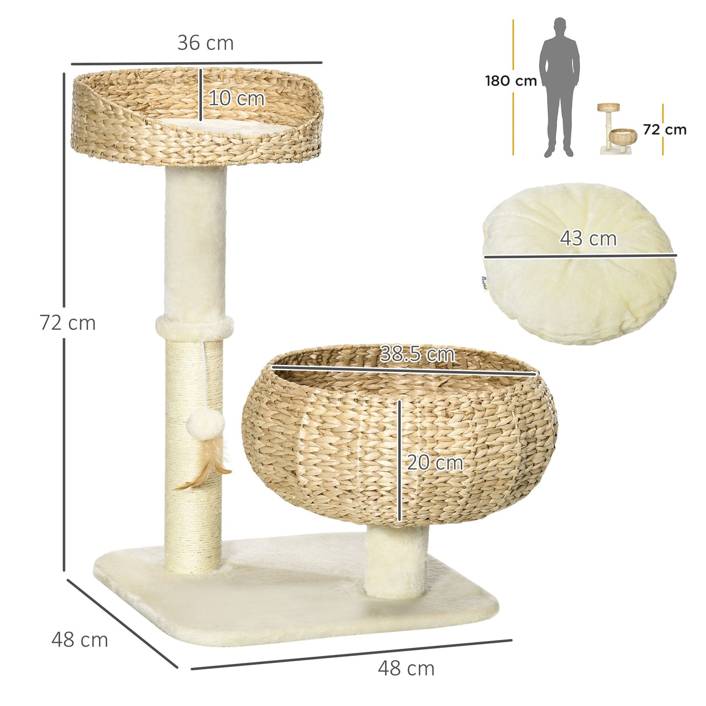 PawHut 72cm Cat Tree Kitten Tower, with Sisal Scratching Post, Two Beds, Toy Ball