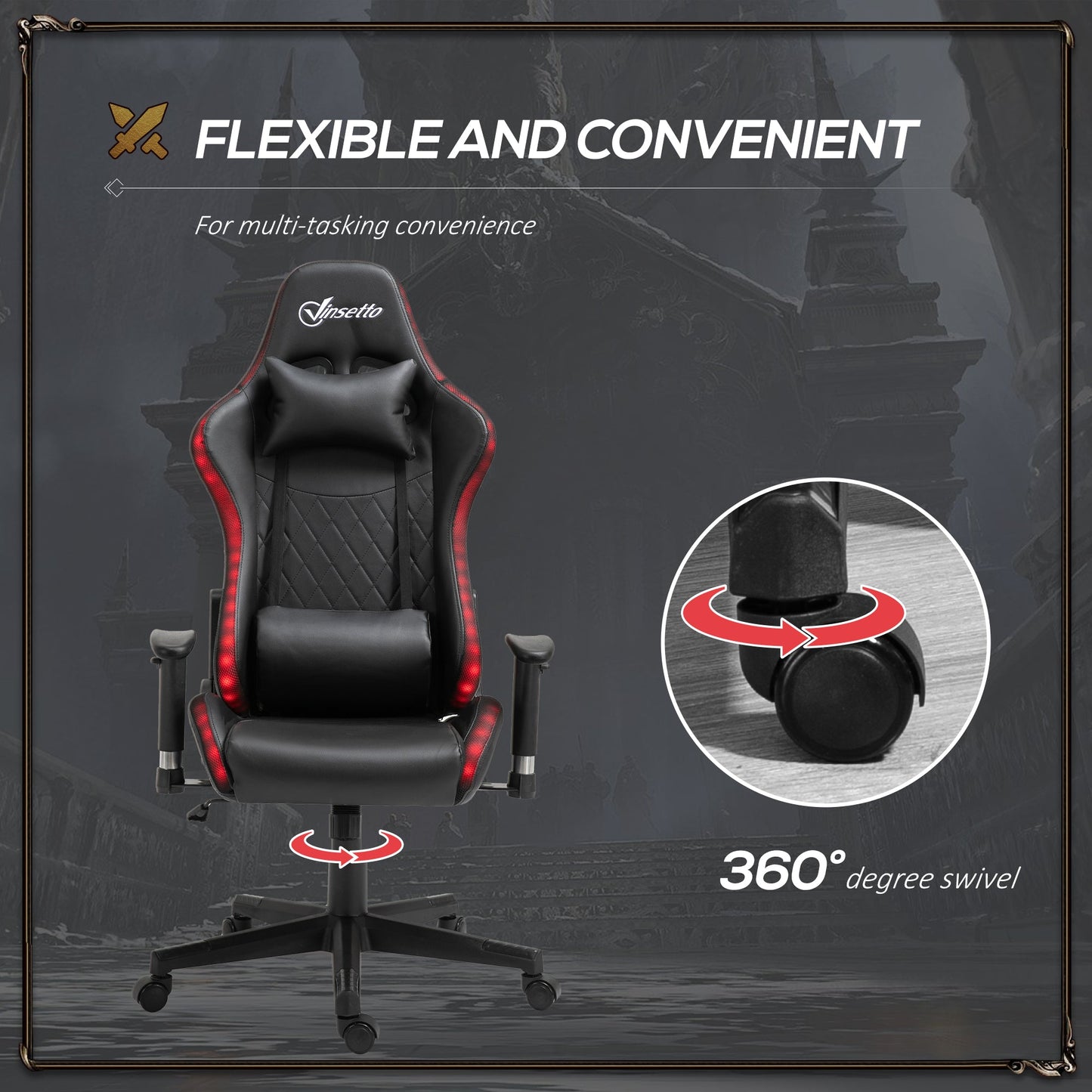 Vinsetto Gaming Chair with RGB LED Light, 2D Arm, Lumbar Support, Height Adjustable Swivel Office Computer Recliner, Racing Gamer Desk Chair for Home, Black