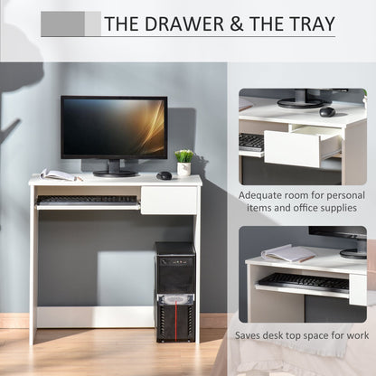 HOMCOM 80cm Compact Computer Desk with Keyboard Tray, Home Office Desk with Drawer for Bedroom Study, White