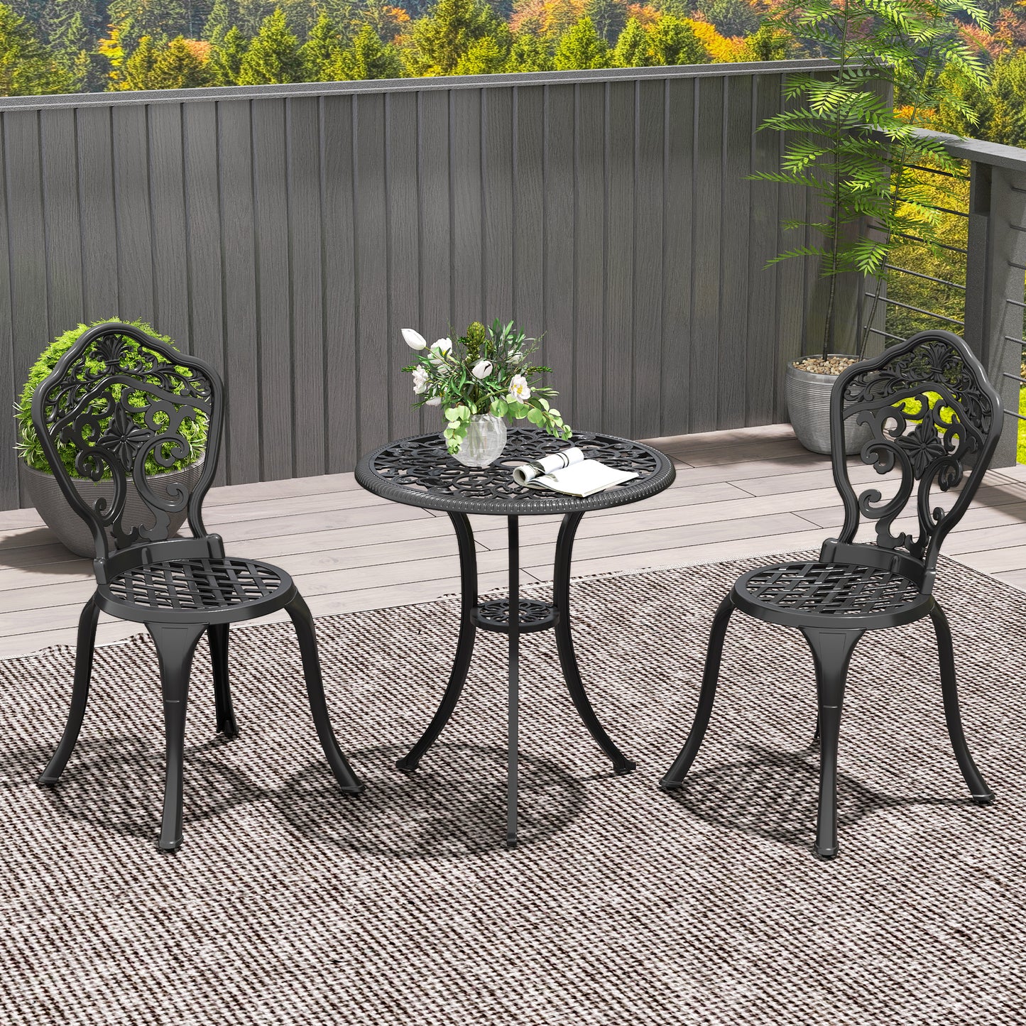 Zestaw bistro Outsunny z trzema elementami aluminiowymi w kwiaty – czarny