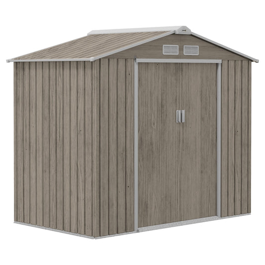Outsunny 7 x 4ft Metal Garden Storage Shed with Vents, Floor Foundation Kit and Lockable Double Doors, Light Brown