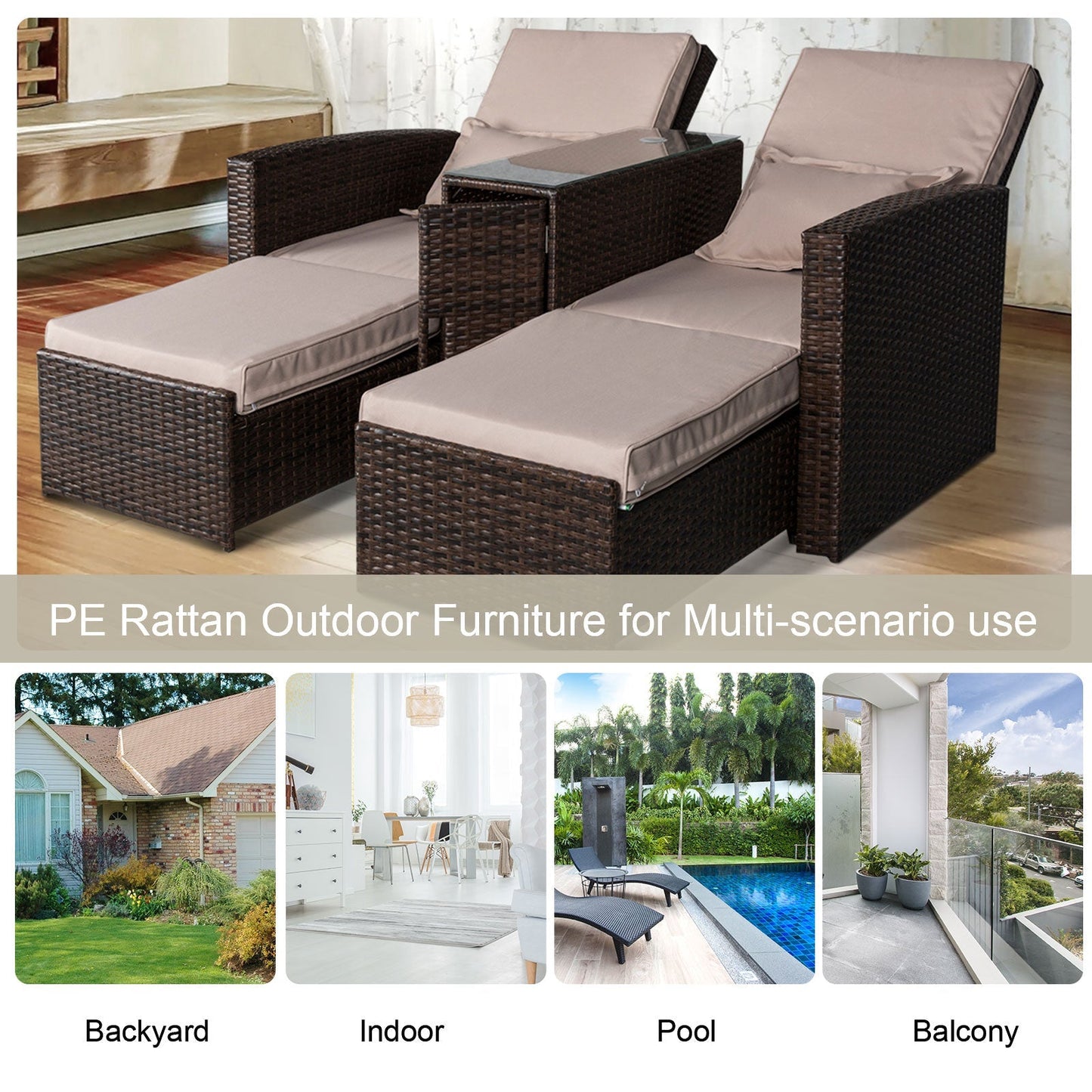 Outsunny Outdoor Garden Rattan Companion Sofa Chair & Stool Lounger Recliner Love Sunbed Daybed Patio Wicker Weave Furniture Set Assembled Brown