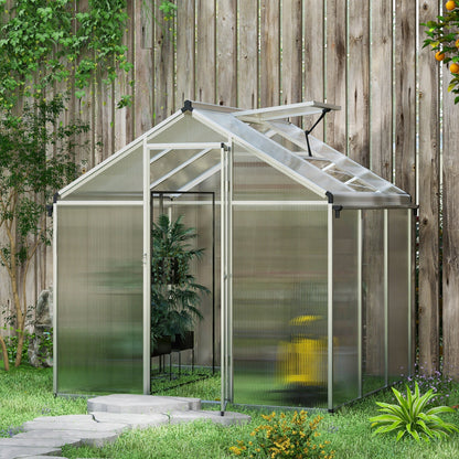 Outsunny 6 x 6ft Polycarbonate Greenhouse With Rain Gutters, Large Walk-In with Door And Window, Garden Grow House With Aluminium Frame