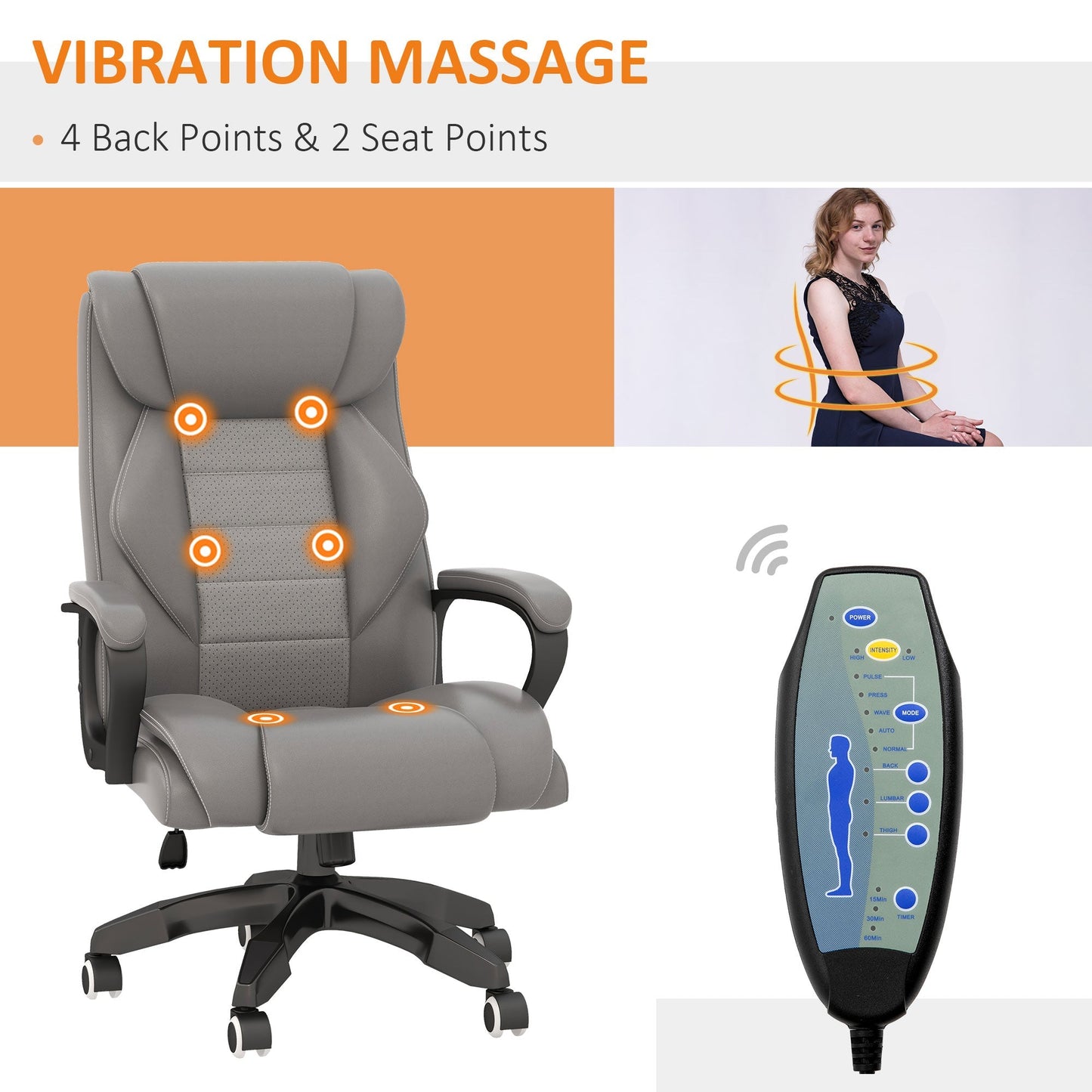 Vinsetto High Back Executive Office Chair 6- Point Vibration Massage Extra Padded Swivel Ergonomic Tilt Desk Seat, Grey