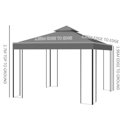 Outsunny 3 x 3m Outdoor Garden Steel Gazebo with 2 Tier Roof, Patio Canopy Marquee Patio Party Tent Canopy Shelter Vented Roof Decorative Frame - Grey