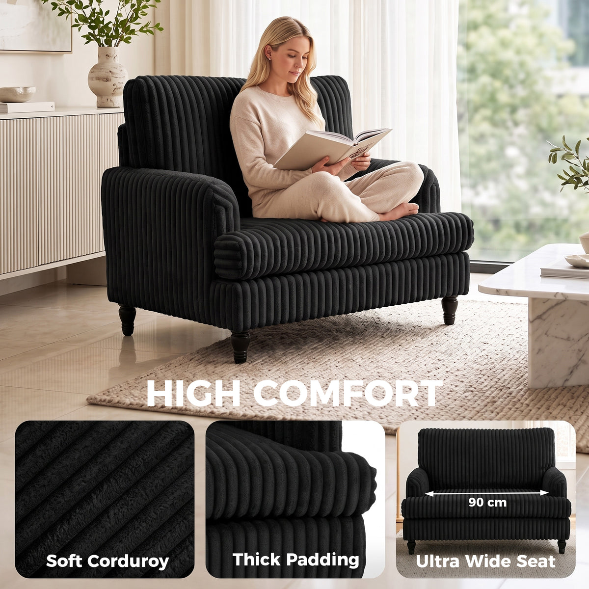 HOMCOM Corduroy Single Sofa Armchair, Modern Accent Chair with Stripes, Turned Legs and Wide Seat, Black