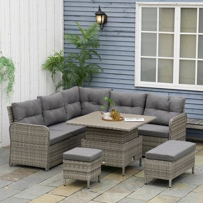 Outsunny 6-częściowy zestaw mebli ogrodowych z rattanu PE, narożna sofa na patio z wikliny z miękką wyściółką i podnoszonym stolikiem kawowym, szary