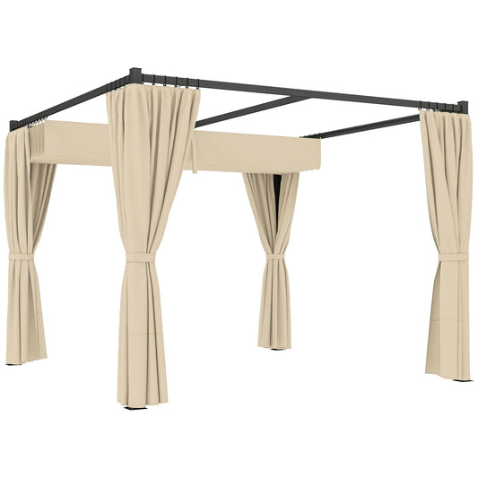 Outsunny 3 x 3(m) Rozsuwana pergola, altana ogrodowa z zasłonami, do grilla, na patio, pokład, khaki