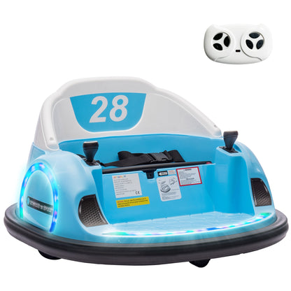 AIYAPLAY 360 Rotation Kids Bumper Car, 12V Waltz Car with Remote Control, Dual Joystick, Music, Lights, Light Blue