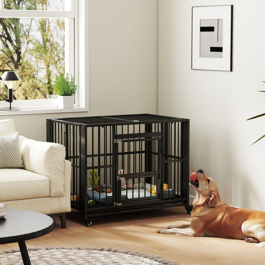 PawHut 43" Heavy Duty Dog Crate, Foldable Dog Cage, with Openable Top, Locks, Removable Tray, Wheels - Black