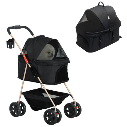 PawHut PawH 3-in-1 Pet Stroller, Folding 4 Wheel Dog Pram with Detachable Carrier for Mini Dogs, Cats, Black