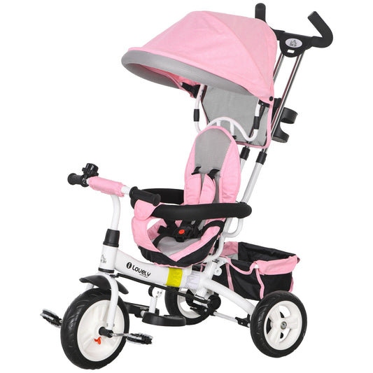 4 in 1 Kids Trike Push Bike w/ Push Handle, Canopy, 5-point Safety Belt, Storage, Footrest, Brake, for 1-5 Years, Pink