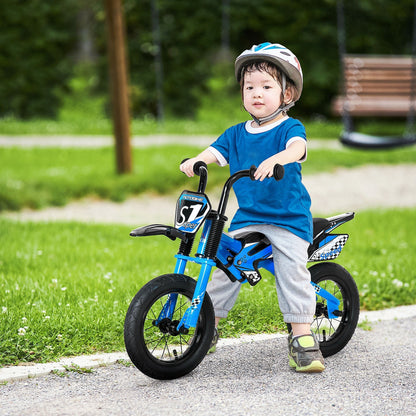 12" Kids Balance Bike, No Pedal Training Bicycle, Motorbike Look, Steel Frame with Air Filled Tires, Handlebar, PU Seat for 3-6 Years Old, Blue