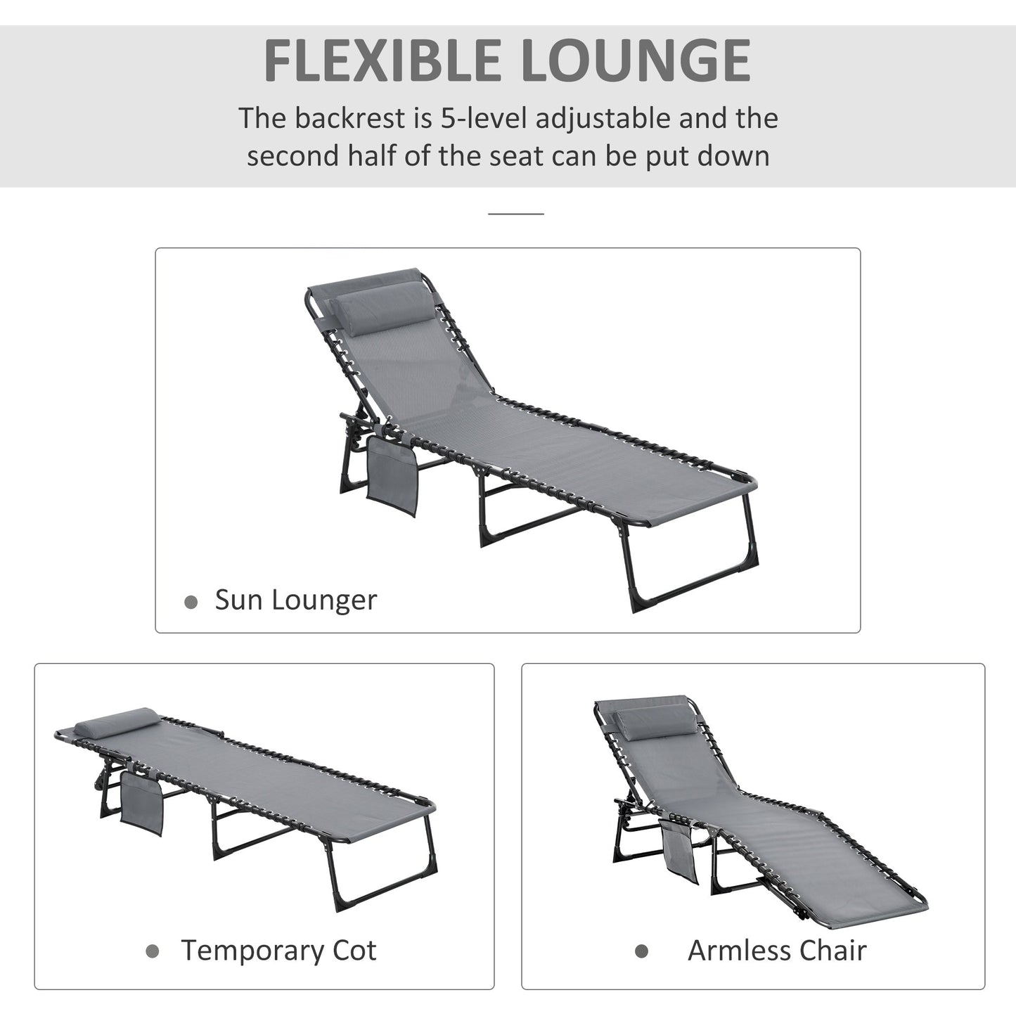 كرسي استرخاء محمول من Outsunny، سرير تخييم قابل للطي، كرسي استرخاء متكئ بمسند ظهر قابل للتعديل في 5 أوضاع مع جيب جانبي، وسادة للفناء والحديقة والشاطئ وحمام السباحة، رمادي