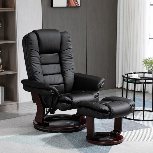Fotel rozkładany HOMCOM z podnóżkiem, fotel rozkładany o udźwigu do 130 kg, rozkładany obrotowy fotel rozkładany 135°, ergonomiczna sofa rozkładana ze skóry PU z obrotową drewnianą podstawą do salonu, kolor czarny
