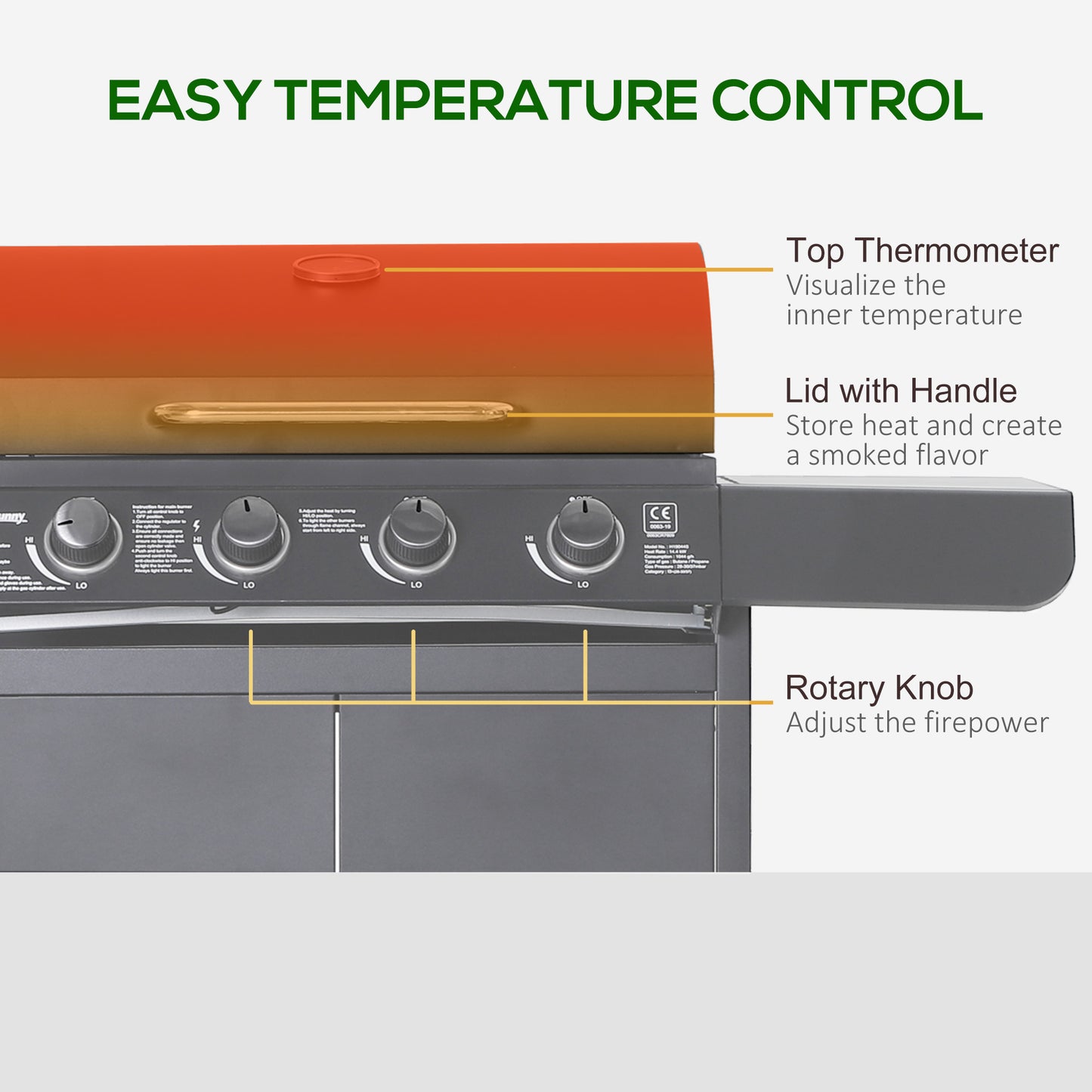 Grill gazowy Outsunny 4+1 Burner, wózek do grillowania na zewnątrz z kółkami, rusztem do podgrzewania, półkami bocznymi, szafką, termometrem do ogrodu, na imprezę, na kemping, 125 dł. x 51 szer. x 100 wys. cm, szary