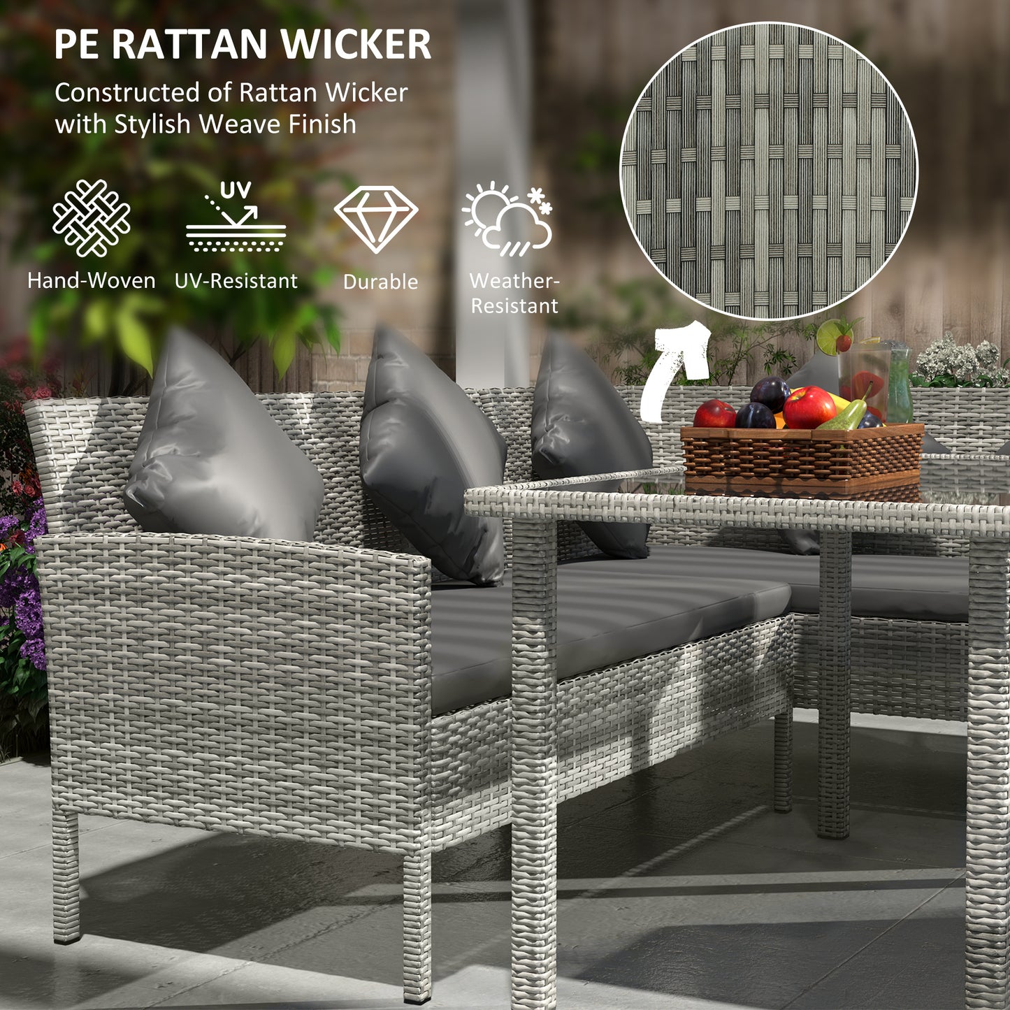 Outsunny tsunny 6-osobowy zestaw jadalny z rattanu, sofa, stół, podnóżek, meble ogrodowe, ciemnoszary