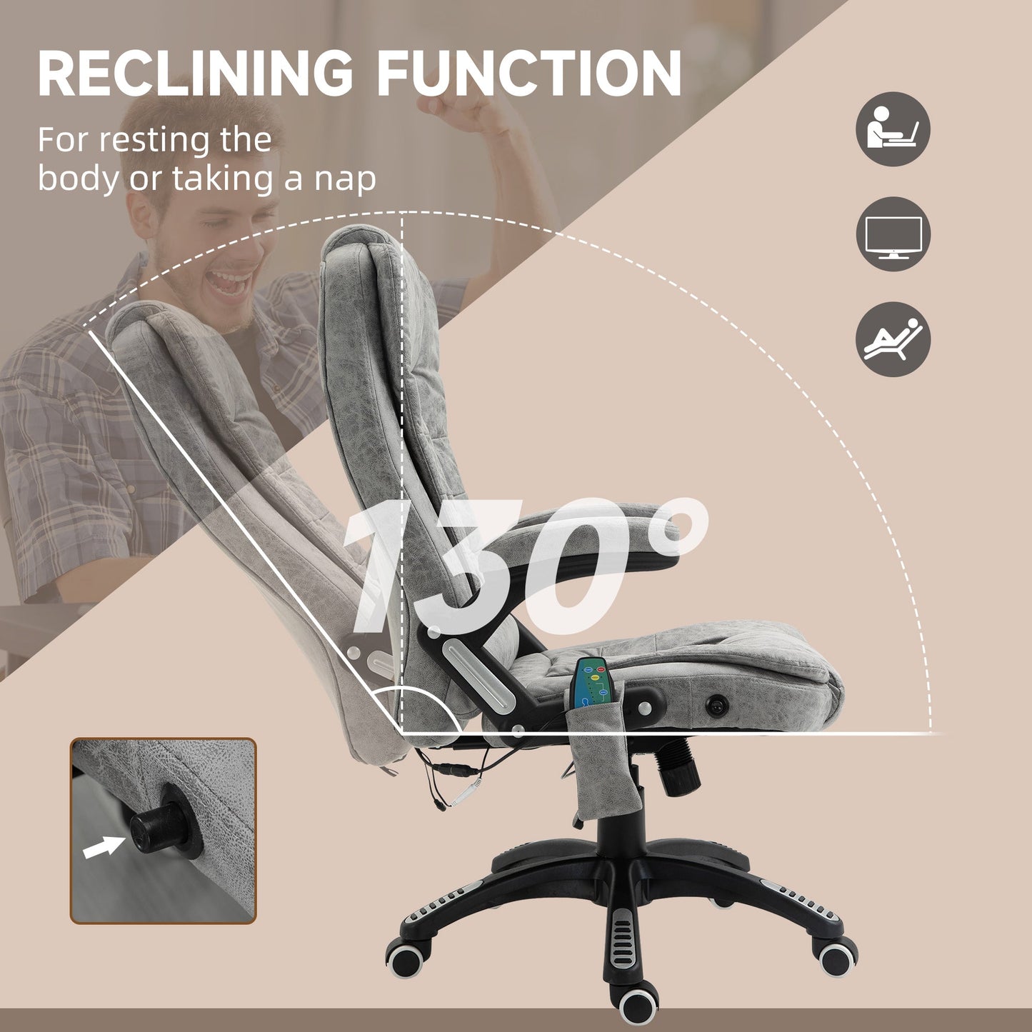 Vinsetto Massage Recliner Chair Heated Office Chair with Six Massage Points Microfiber Cloth 360¡ Swivel Wheels Grey