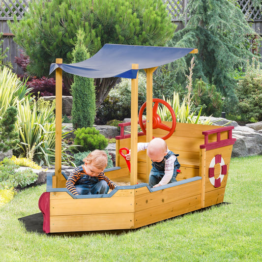 Outsunny Kids Wooden Sandpit, Children Sandbox Pirate Ship, Sandboat Play Station for Outdoor w/ Canopy Shade Storage Bench Bottom Liner